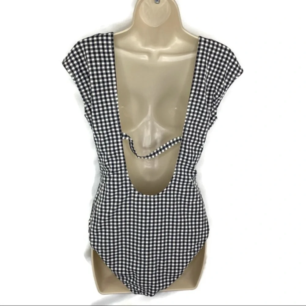 Jessica Simpson Black & White Checkered Retro One Piece Swimsuit Cut Out Mid